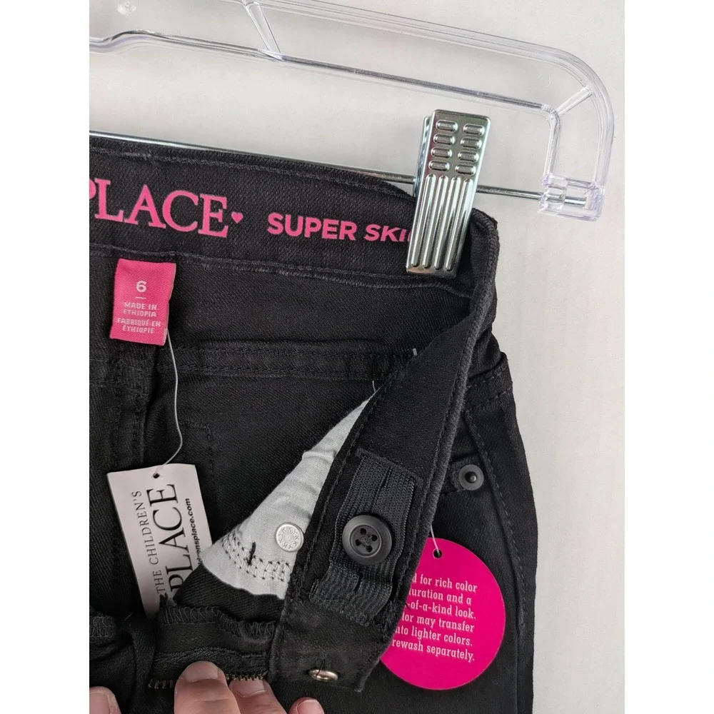 The Childrens Place Girls Super Skinny Jeans Black Denim Size 6 Adjustable Waist